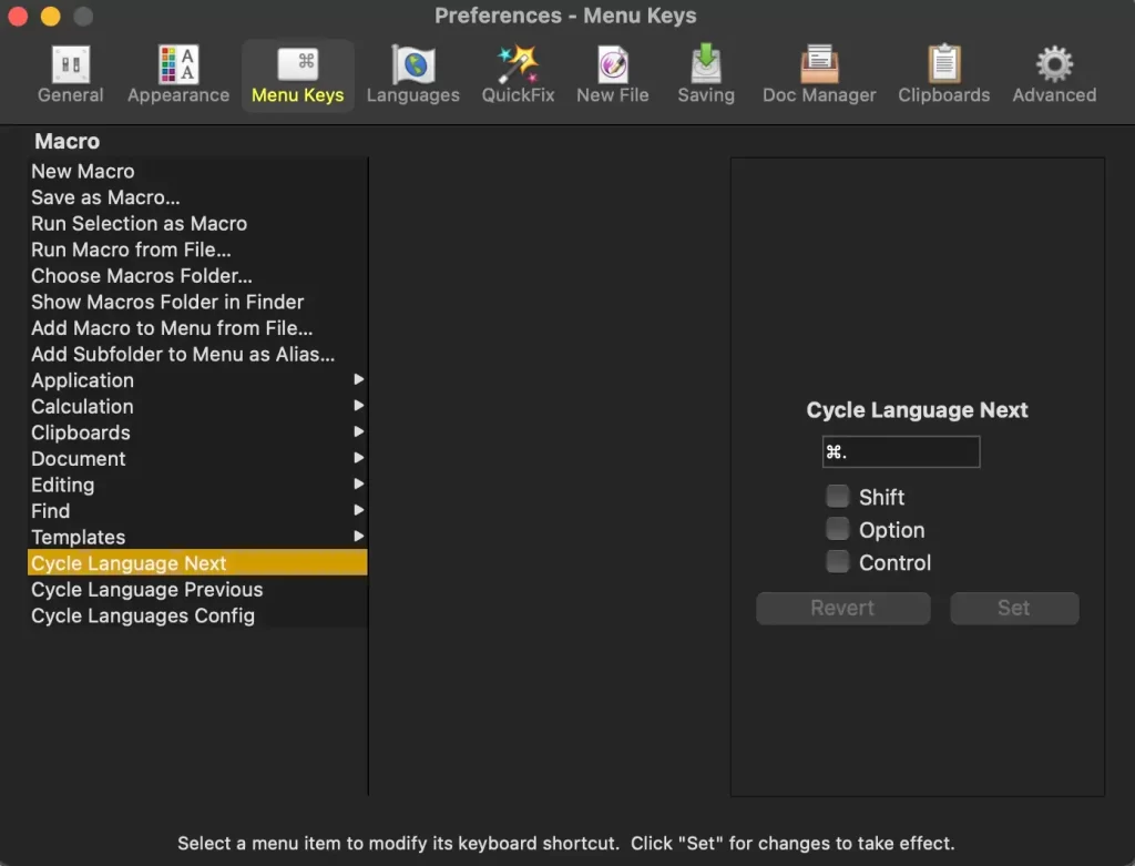 Settings in Nisus Writer Pro showing language macro settings