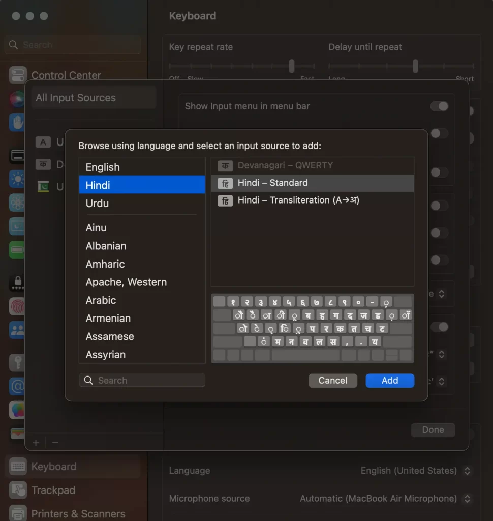 Settings page to add a Hindi keyboard Mac OS