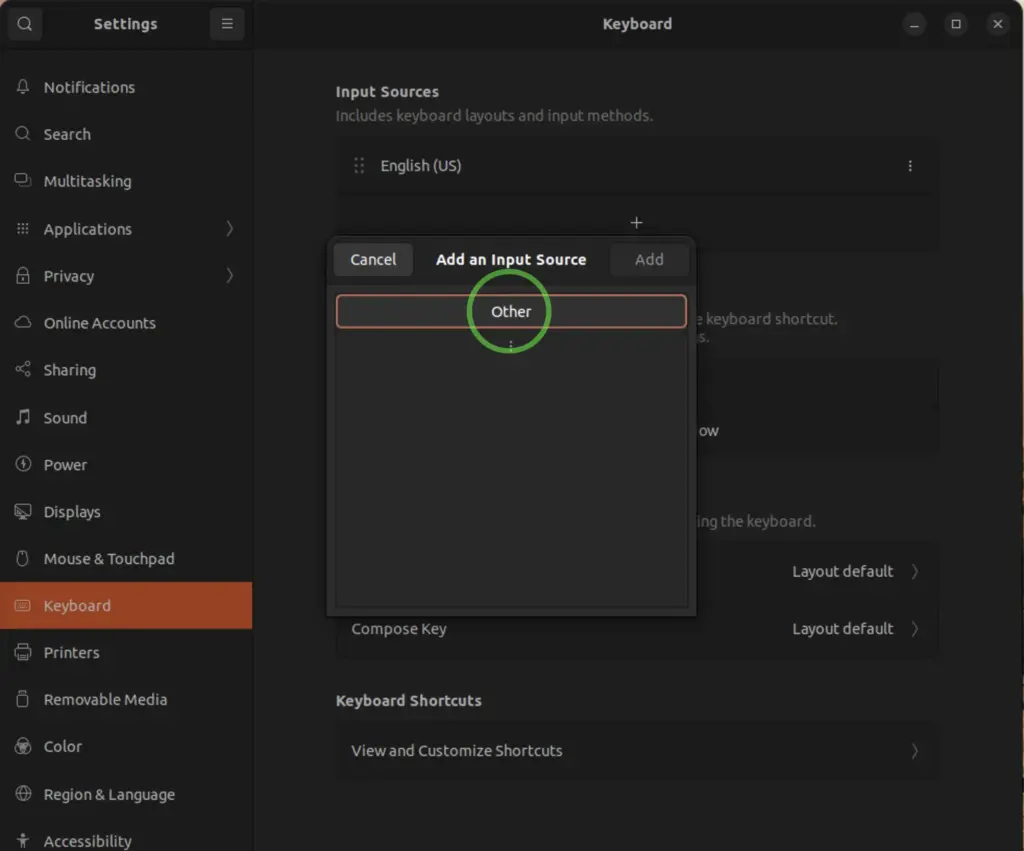 Linux - Add a keyboard - Click on "Other"