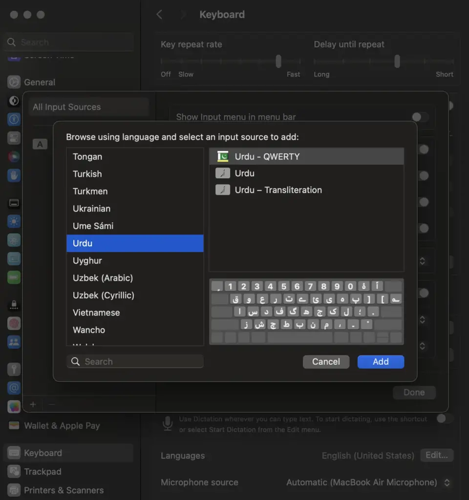 Adding the keyboard Urdu - QWERTY in mac OS