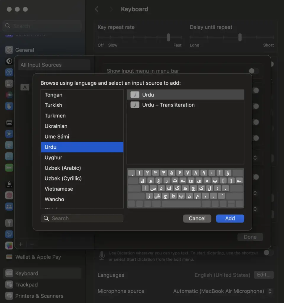Adding an Urdu keyboard in Mac OS