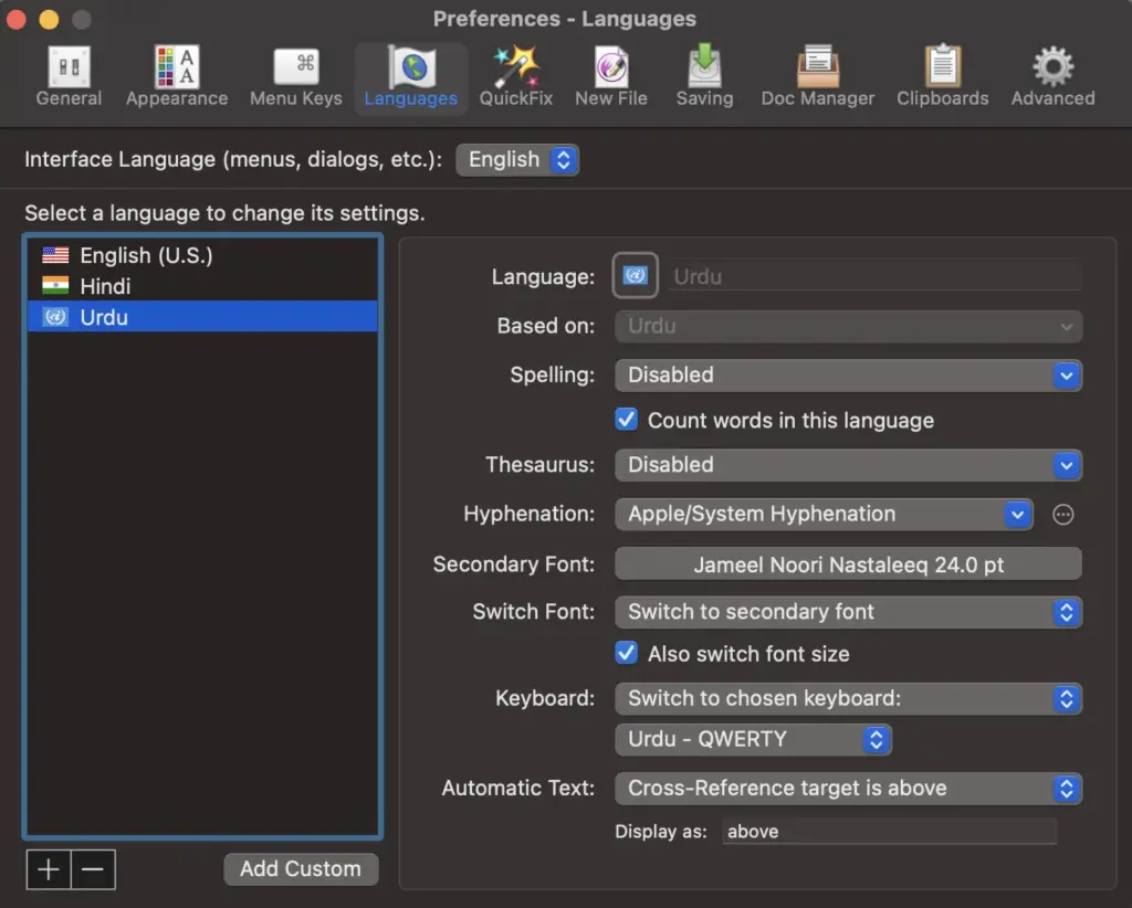 Language settings in Nisus Writer Pro showing Urdu