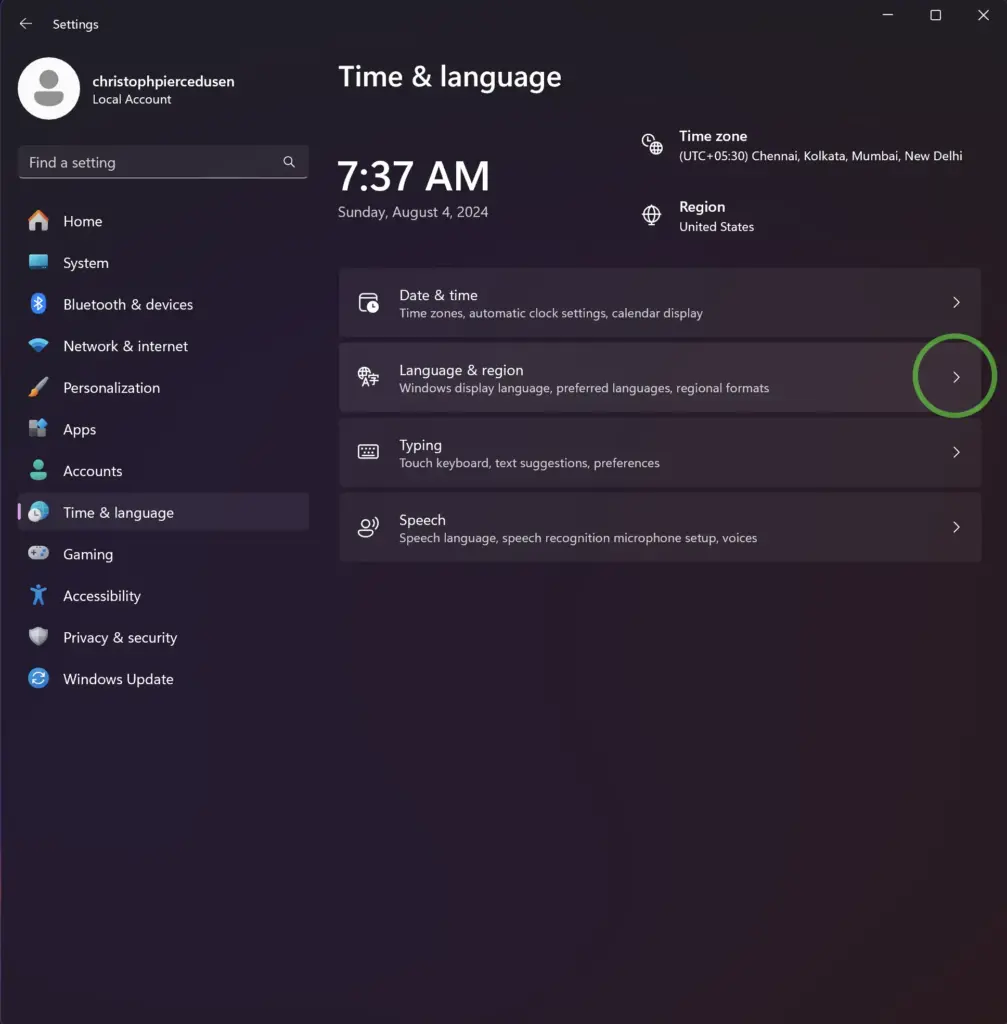 Time and language settings in Windows 11