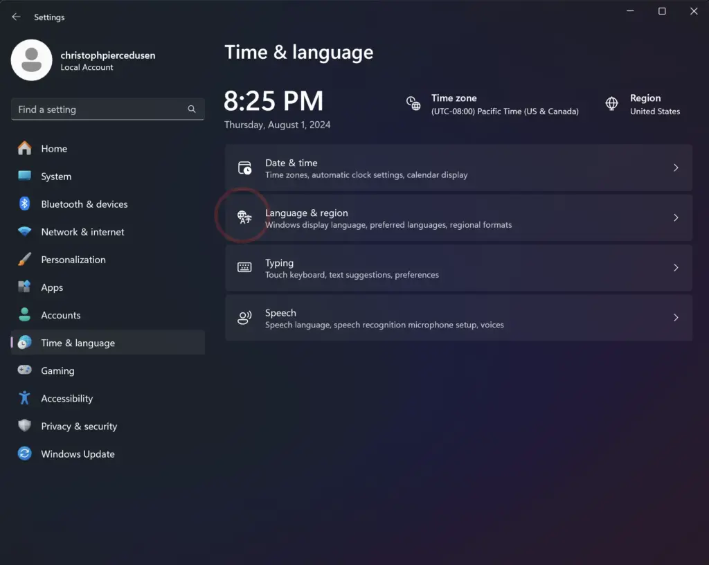 Time and Language settings in Windows 11