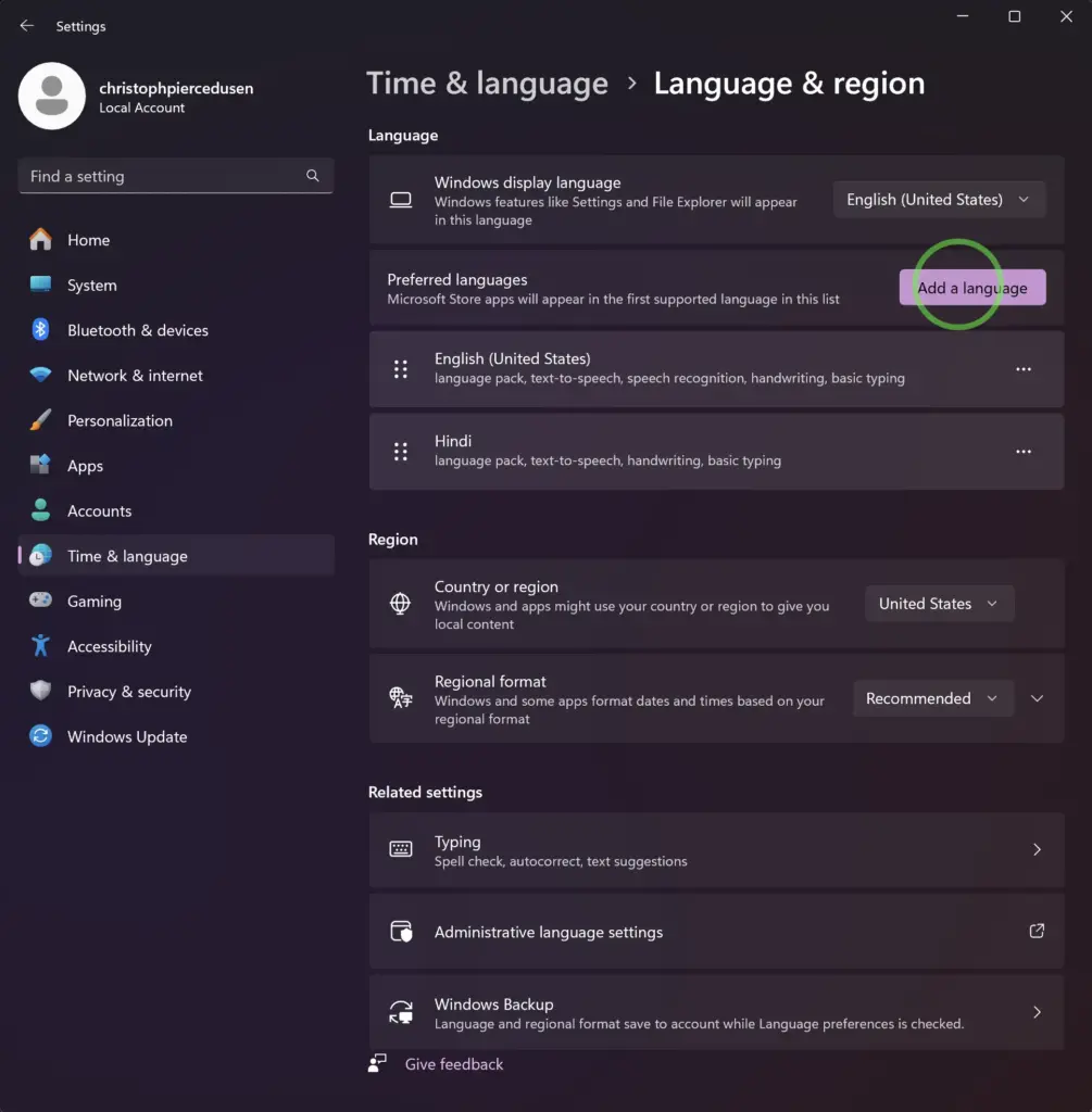 Language and Region settings in Windows 11