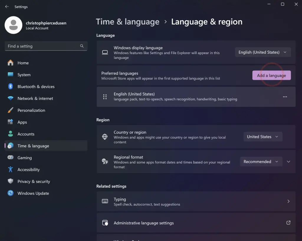 Language and Region settings in Windows 11