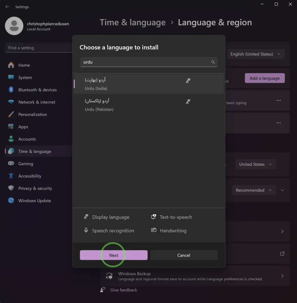 Choose a language to install in Windows 11