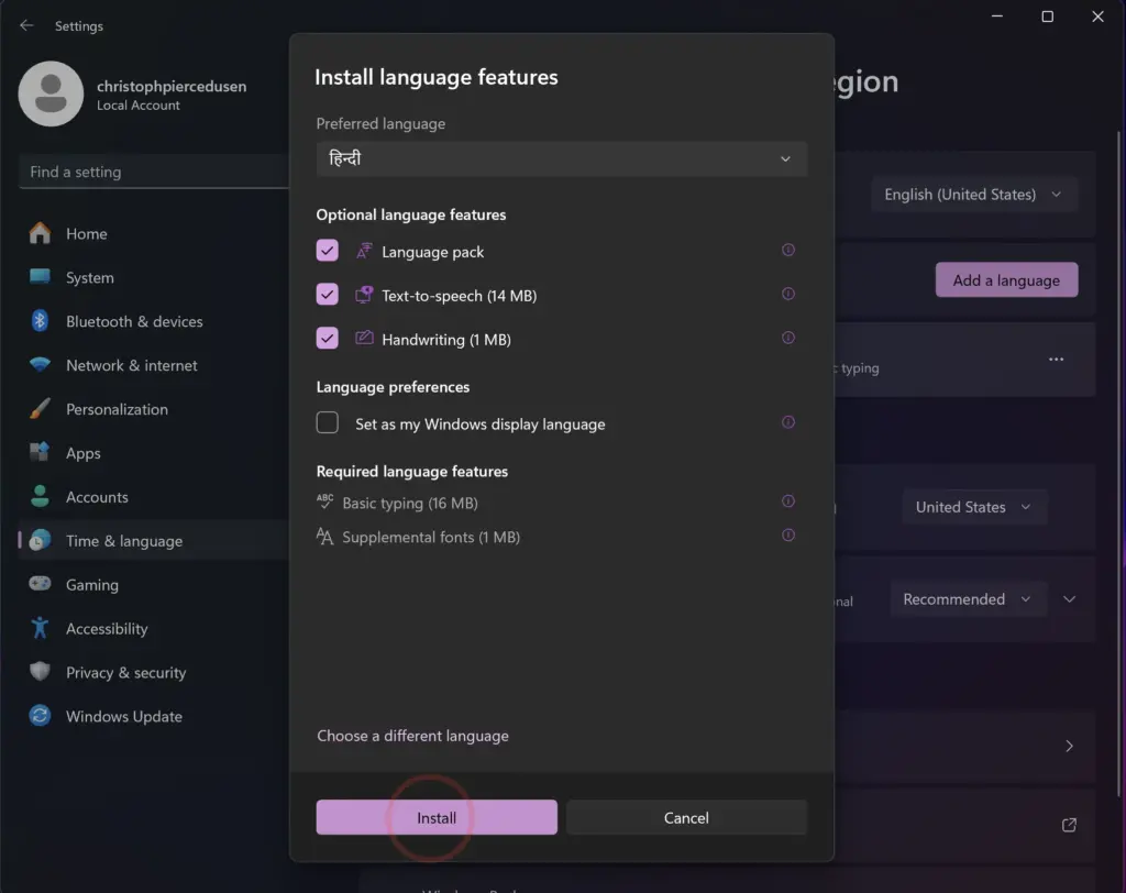 Install language features in Windows 11