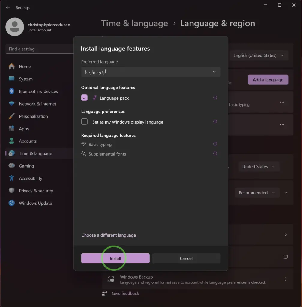 Urdu language pack in Windows 11