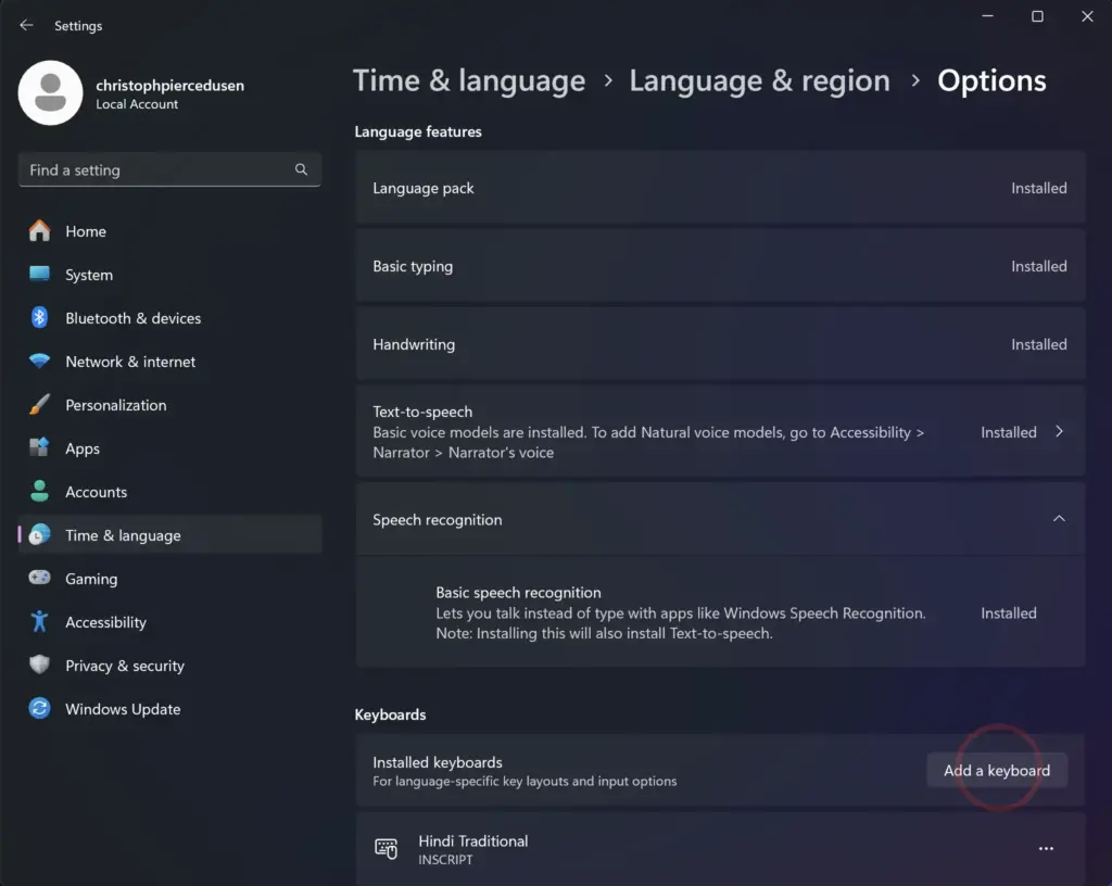 Add a keyboard for Hindi in Windows 11