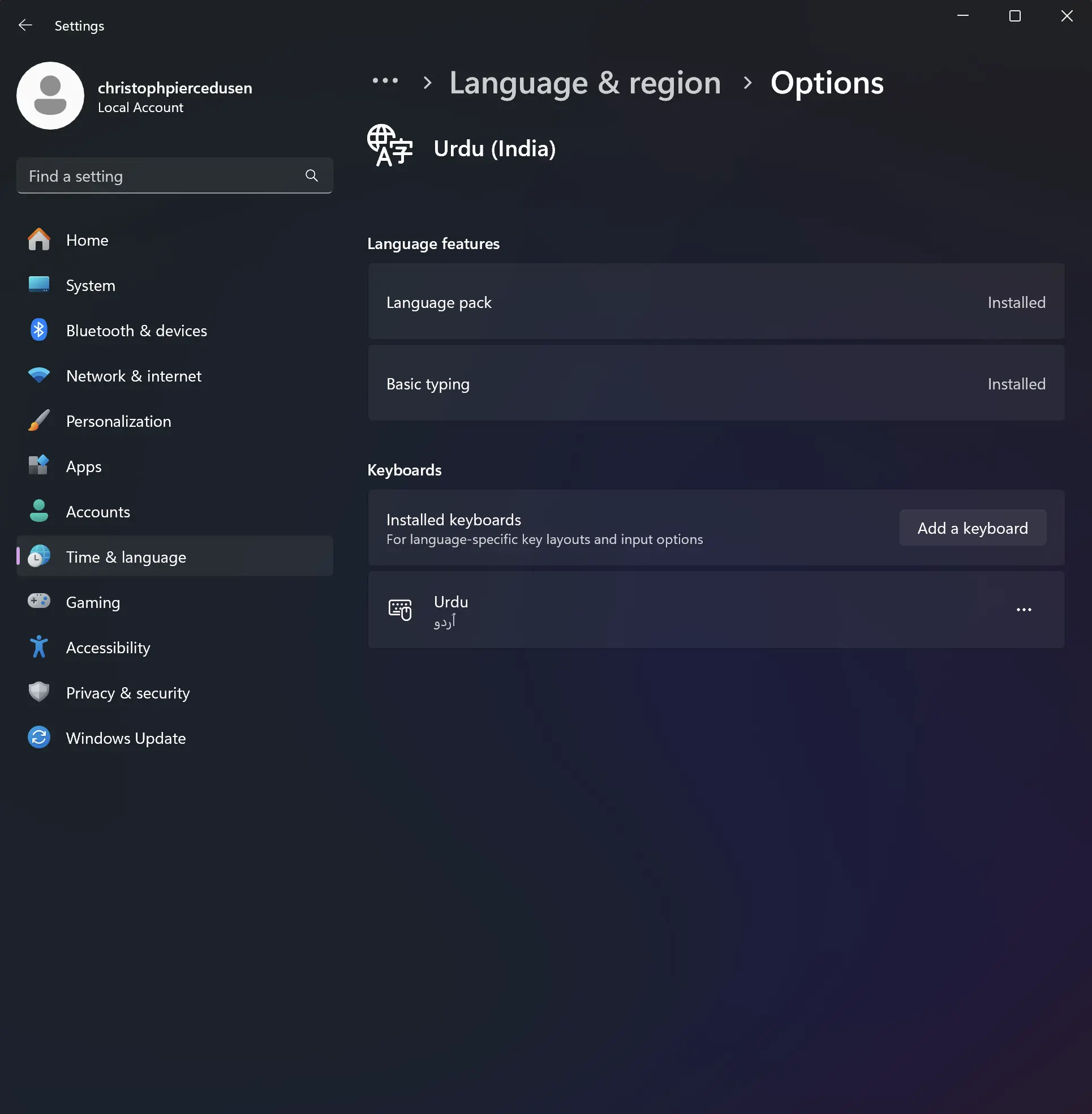 Urdu language options in Windows 11