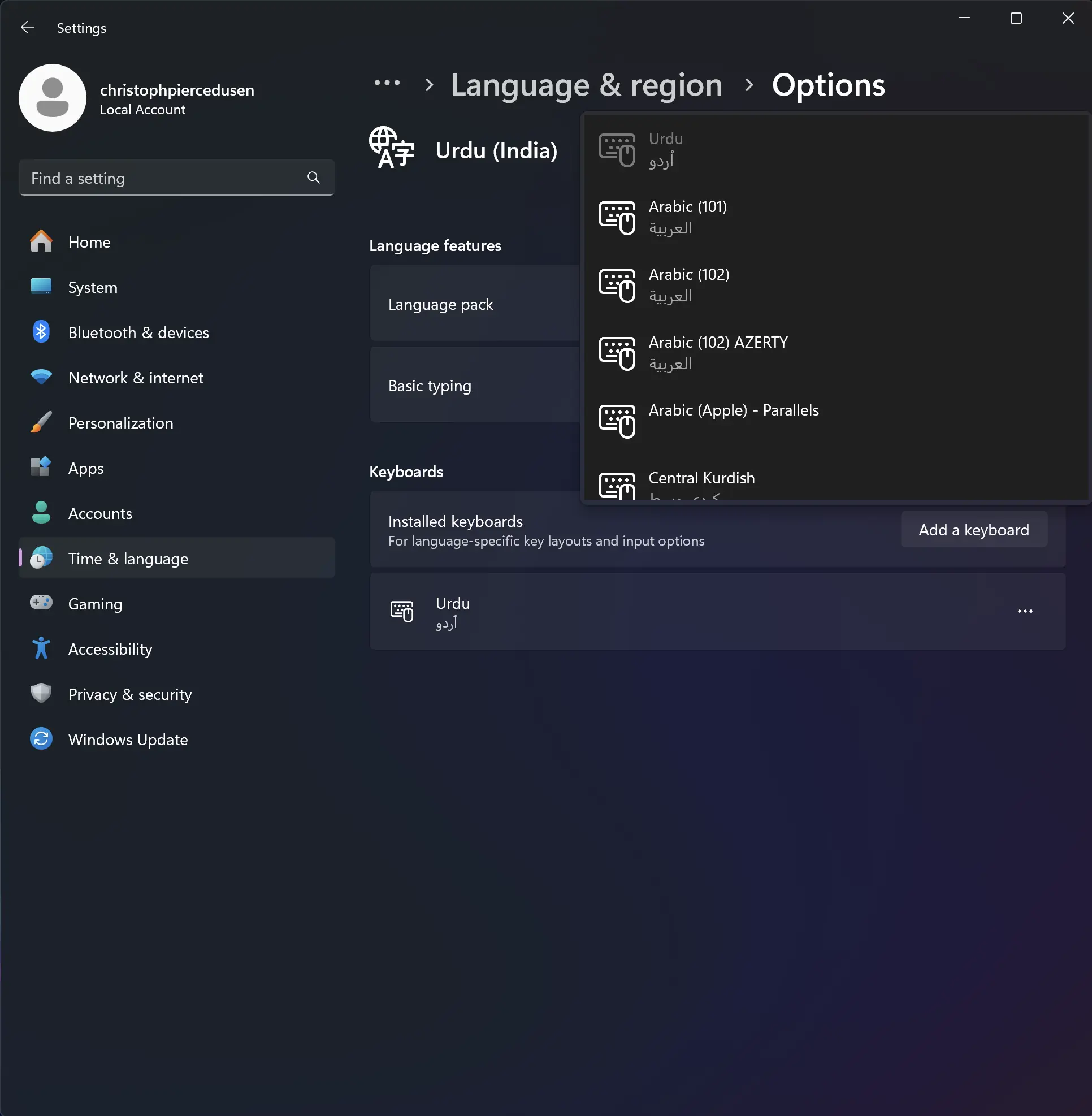 Adding an Urdu keyboard in Windows 11